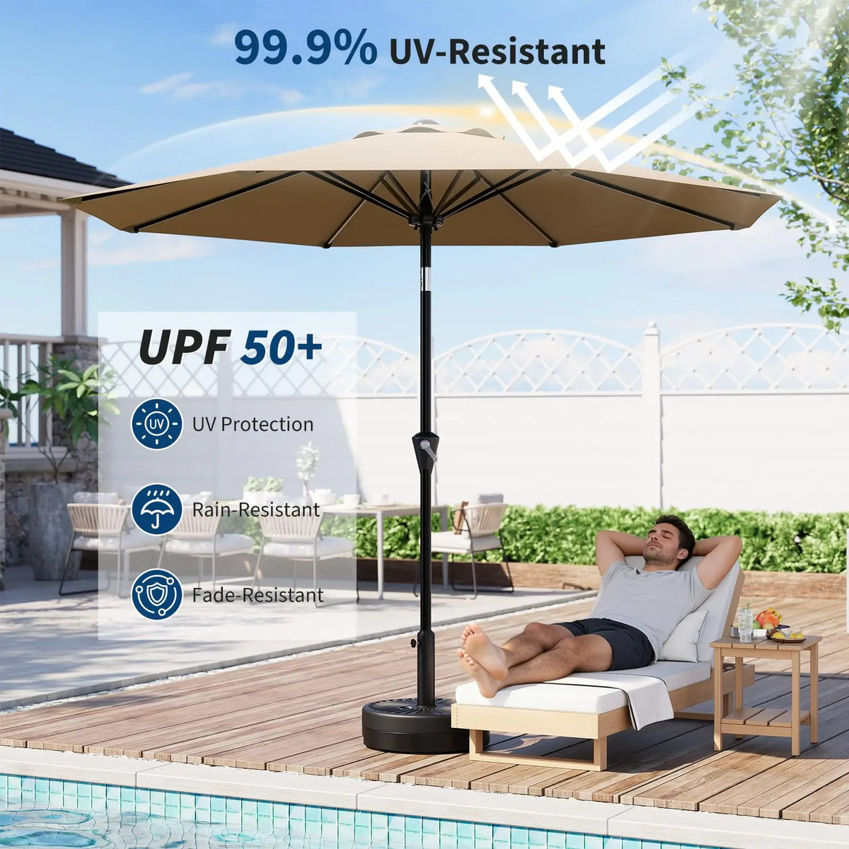 10FT Patio Umbrella - Outdoor Table Umbrella with Smooth Crank Lift, Push Button Tilt and 8 Sturdy Ribs - Market Umbrella UV Protection Waterproof for Pool, Deck, Yard, Garden (khaki)