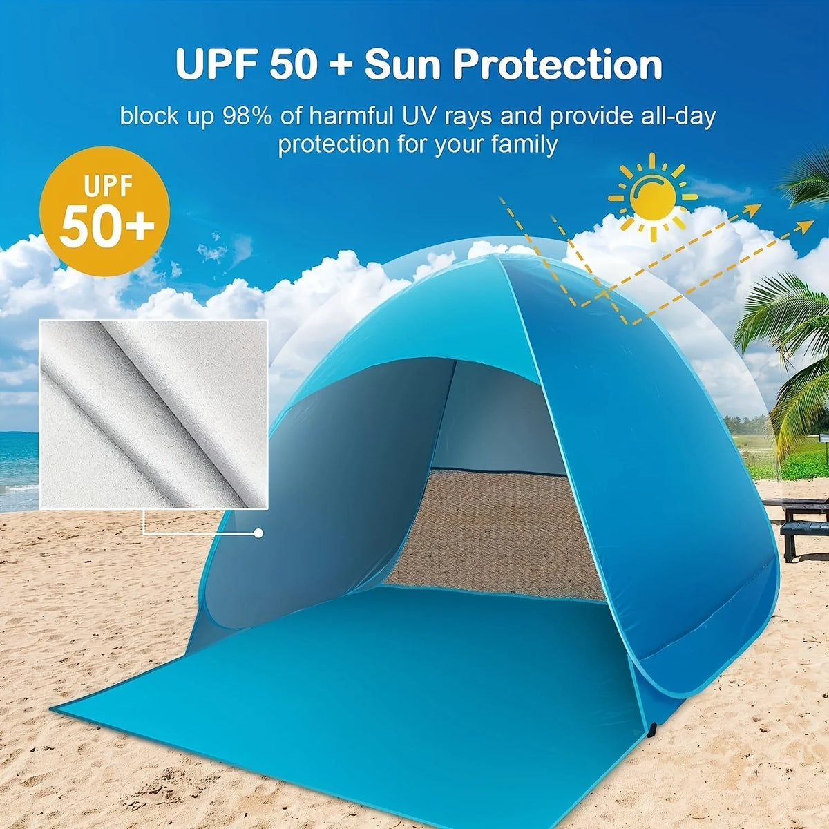 Lightweight and Durable Portable Pop-up Beach Tent To Protect You From The Sun - UPF 50 + UV Protection! Includes 6 Floor Nails