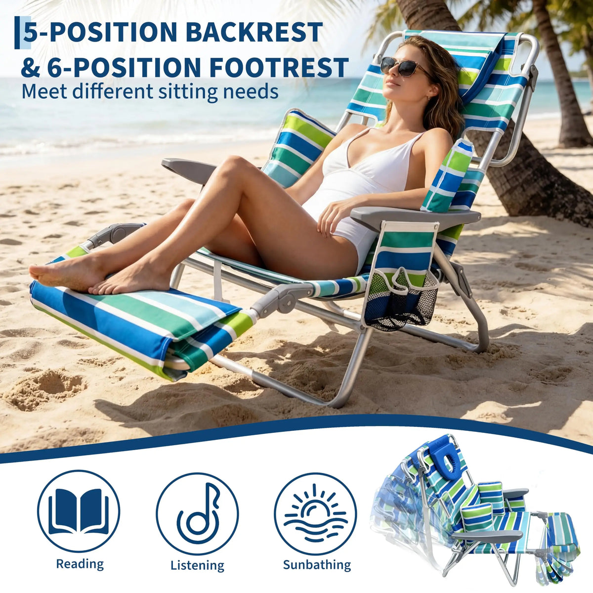 2 Pack Deluxe 3-in-1 Beach Chair with Face Hole, Folding Tanning Lounger, Outdoor Sunbathing Chair with Adjustable Footrest, Storage Pocket, 330lb Capacity for Beach Pool Patio Lawn