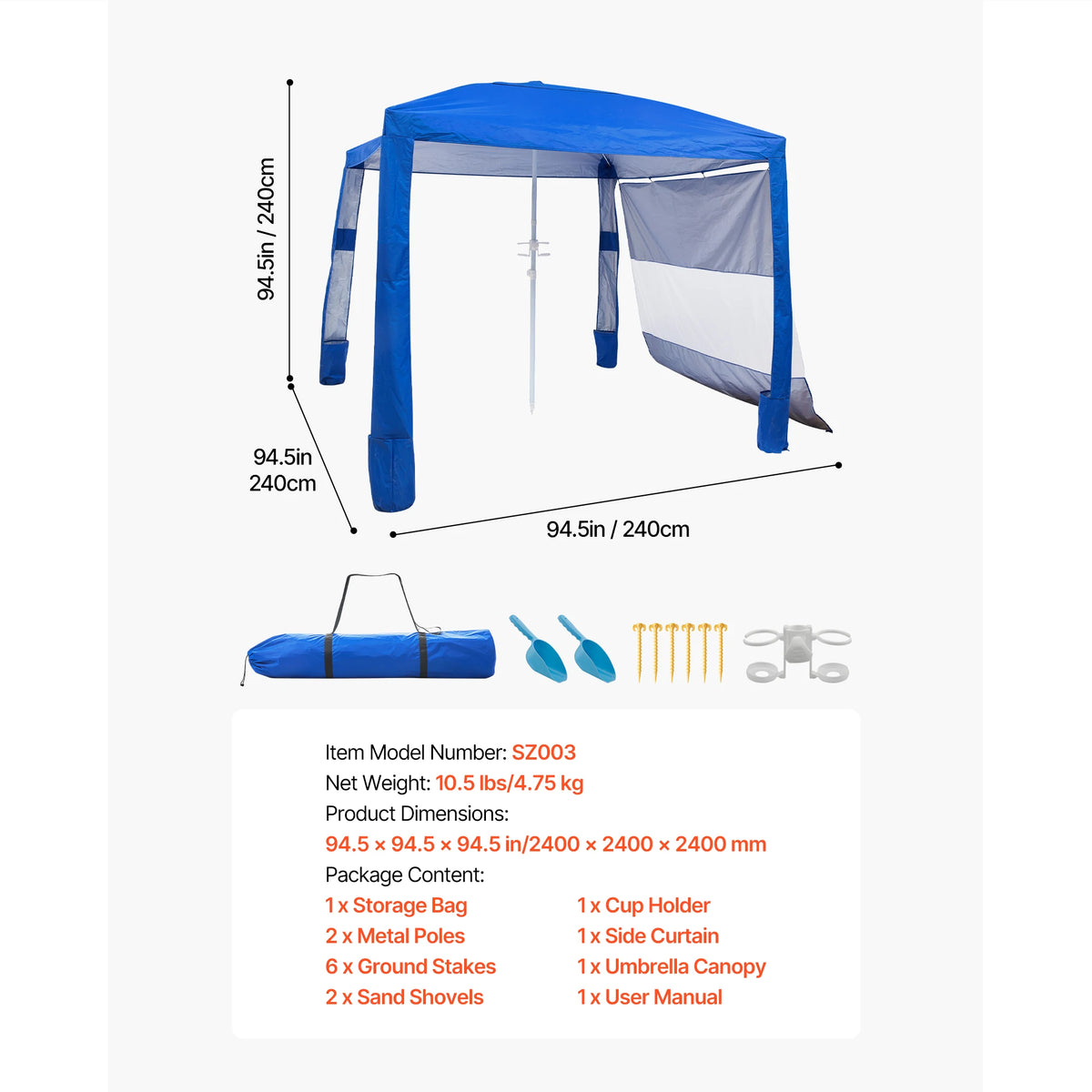 VEVOR Beach Cabana 6 x 6ft/8 x 8ft Beach Canopy with Side Wall Shade Sun Shelter Umbrella with Sand Pockets for Whole Family