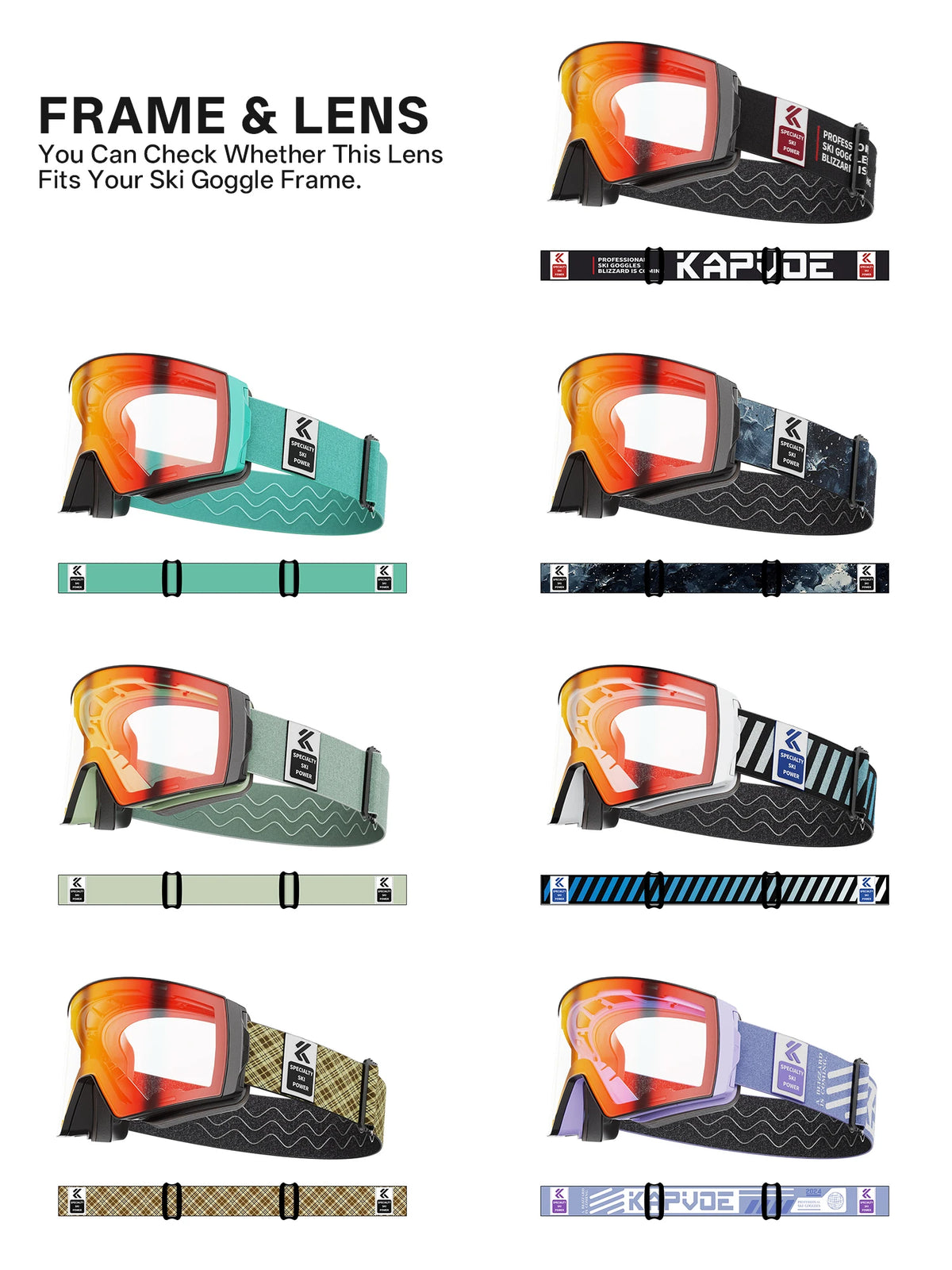Kapvoe K721 Replacement Lenses Snow Goggles Full Red Blue Green Lens Photochromic Winter Sports Eyewear frame Magnetic Lenses
