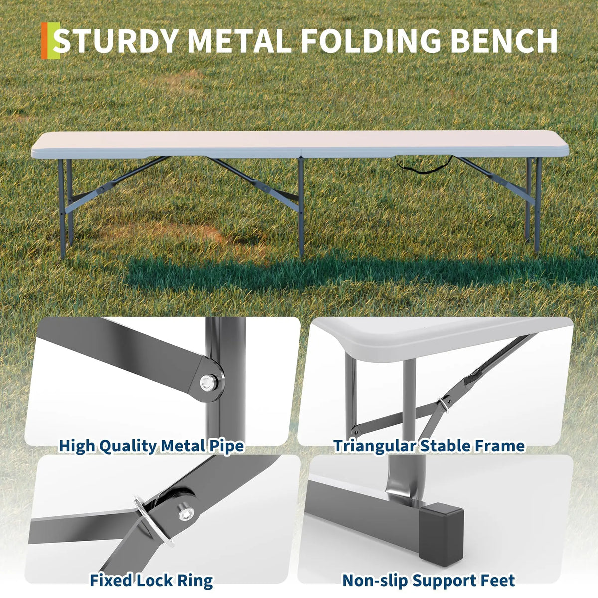 2-Pack 6-Foot Portable Folding Bench, Heavy Duty HDPE Bench Top & Steel Frame, Foldable Outdoor Bench with Carry Handle for Picnic Camping Sports Events (White)