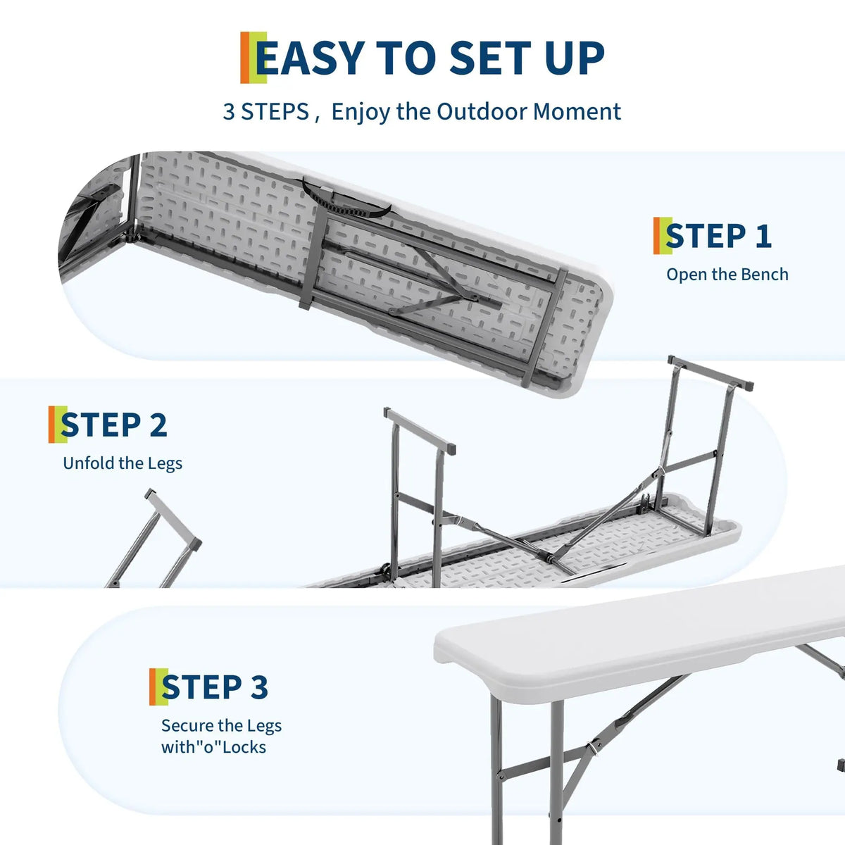 2-Pack 6-Foot Portable Folding Bench, Heavy Duty HDPE Bench Top & Steel Frame, Foldable Outdoor Bench with Carry Handle for Picnic Camping Sports Events (White)