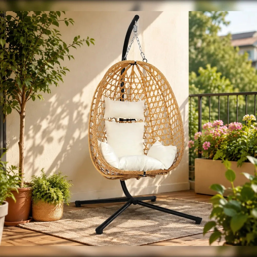 Egg Chair with Stand, Patio Wicker Hanging Chair, Hammock Swing, 350LBS for Bedroom, Balcony, Garden