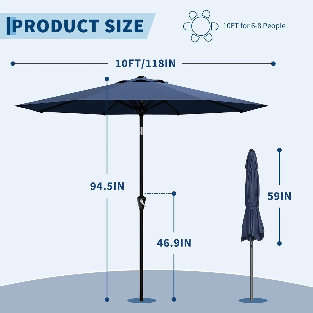 10FT Outdoor Patio Umbrella, Table Umbrella with Crank & Push Button Tilt, 8 Strong Ribs, Water Resistant & UV Protection for Garden Pool Deck Backyard Market (Navy Blue)