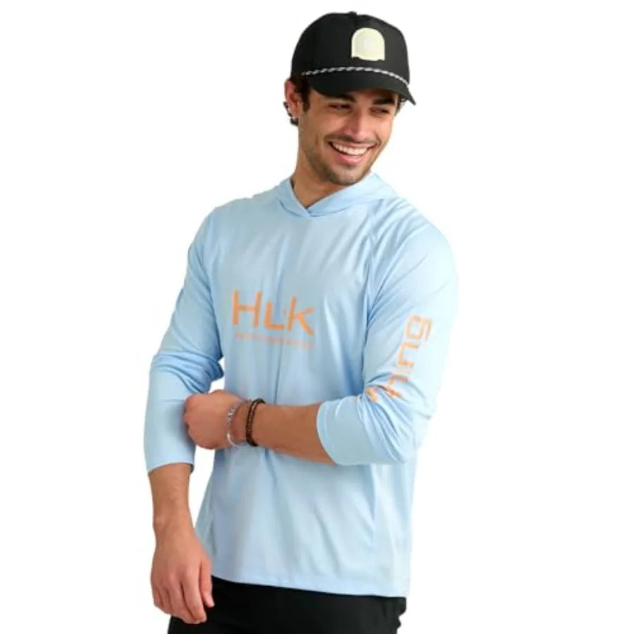 Mens Pursuit Vented Long Sleeve Hoodie for fishing, polyester mesh blend, navy blue, breathable and sun-protective