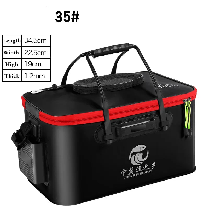 New 30-50cm Fishing Bucket EVA Foldable Carrying Handle Collapsible Live Fish Box with Side Pocket and Zipper for Travel Camping