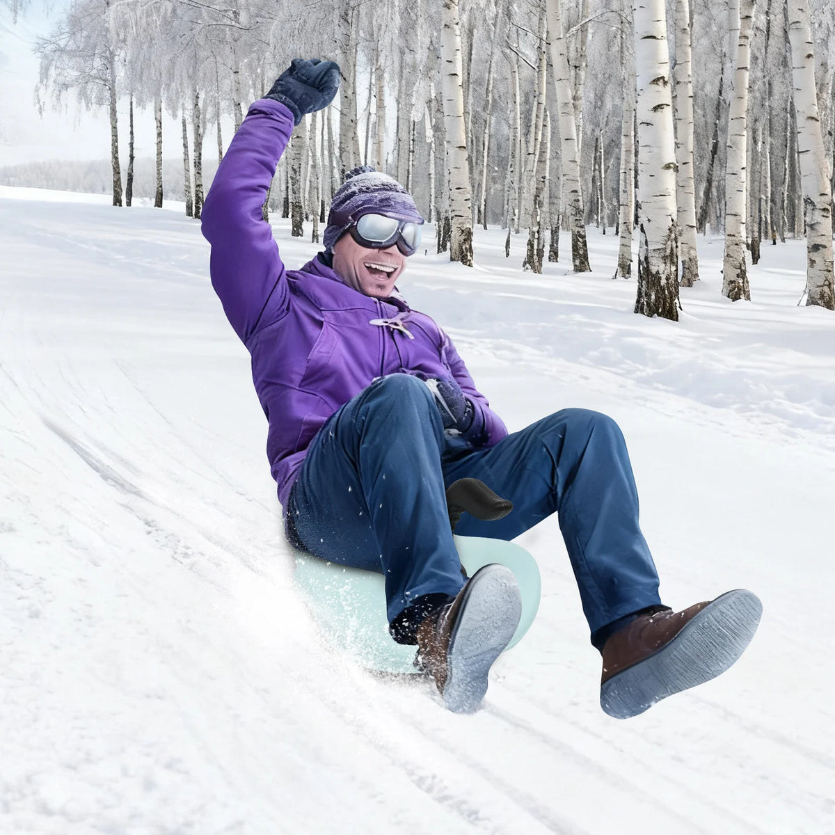 Handheld Outdoor Snow Sled Blue PE Blow Molding Thick Base 220.46lbs Max Load Ergonomic Curved Handle PE Blow Molding Ski Board Portable Pull Snow Slider For Snow Slope Ski Resort Family Outdoor