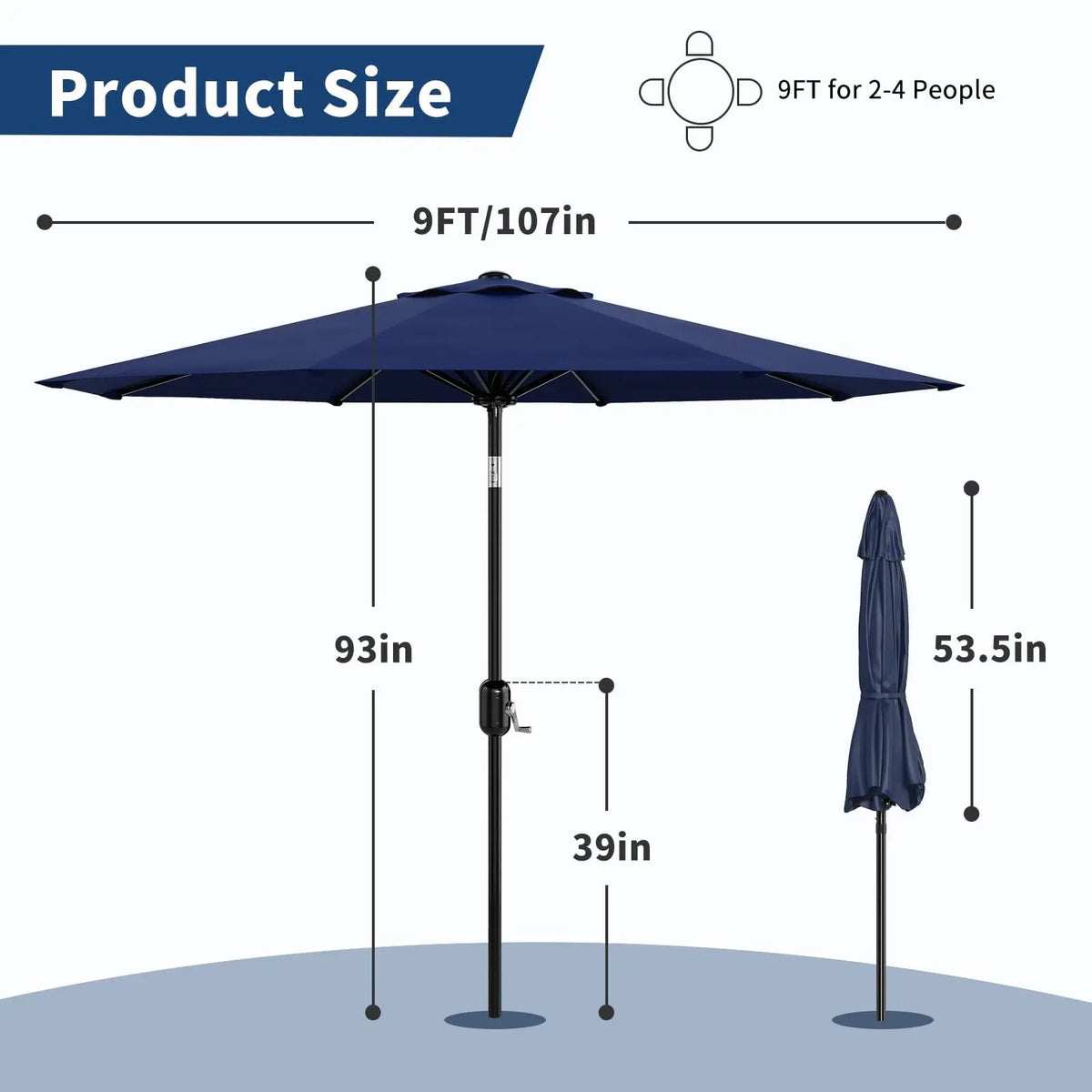 9FT Patio Umbrella 8 Sturdy Ribs Outdoor Table Umbrella, Navy Blue | Crank Lift & Push Button Tilt - Market Umbrella for Pool, Deck, Yard, Garden