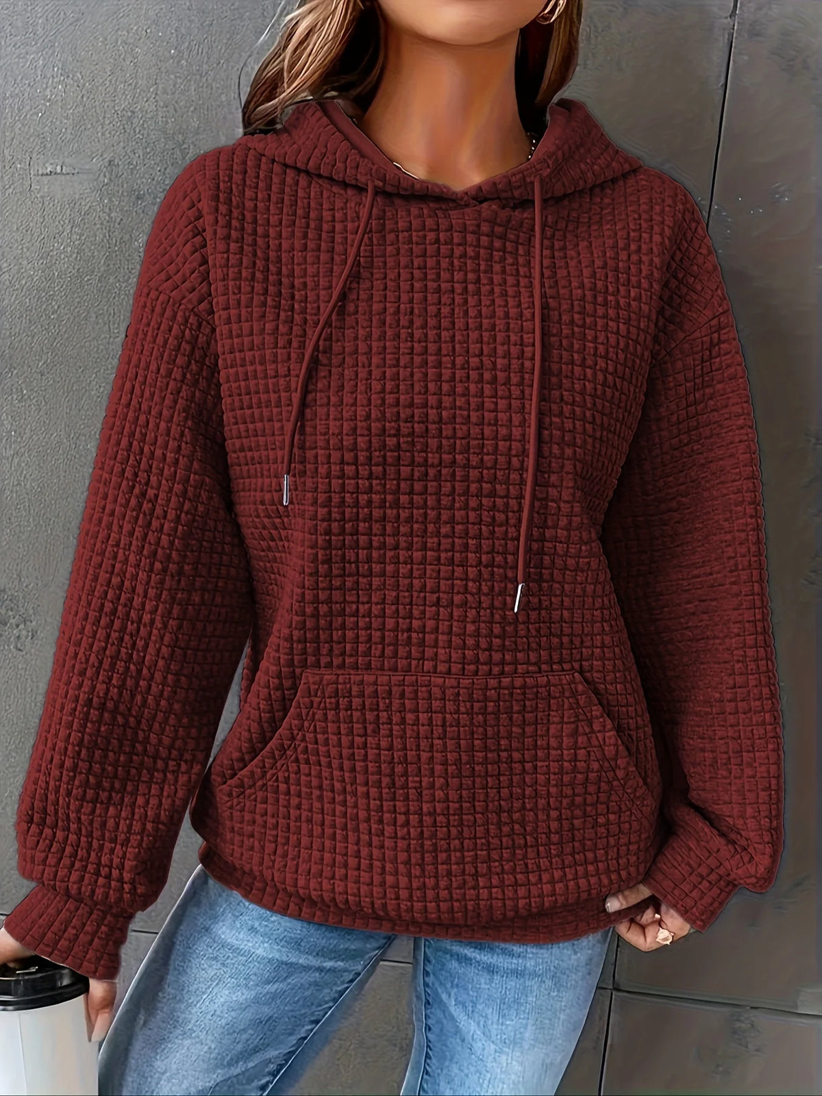 Women Short Length Waffle Knit Hoodie Solid Black Drawstring Pullover Sweatshirt Front Kangaroo Pocket Long Sleeve Casual Tops