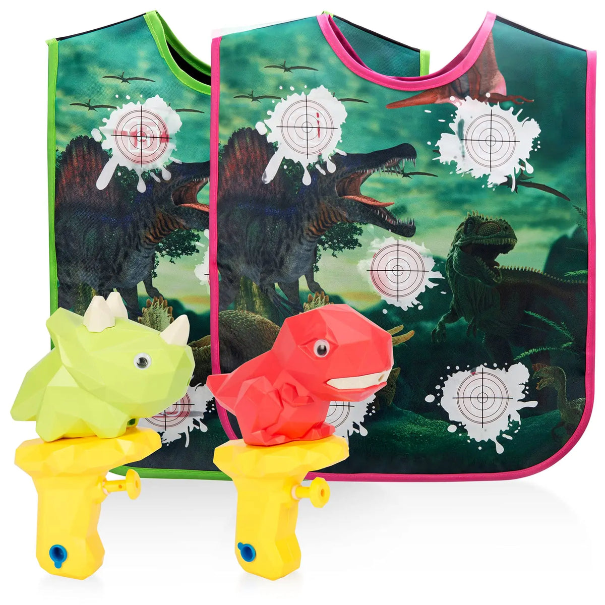 4Pcs Dinosaur Water Gun Battle Set with Vest, 2 Players Long Range Water Squirter Toy, Kids Outdoor Squirt Pistol for Pool Beach Backyard Party