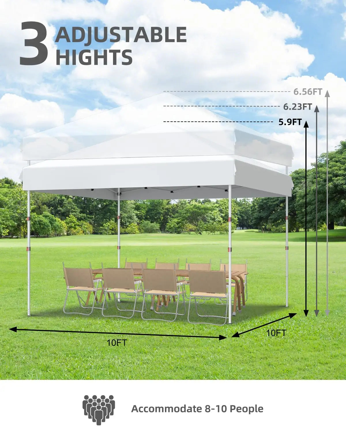 10x10 Ft Pop Up Canopy Tent, 3 Adjustable Heights Waterproof Instant Shelter with Wheeled Carry Bag for Patio Beach Garden Party