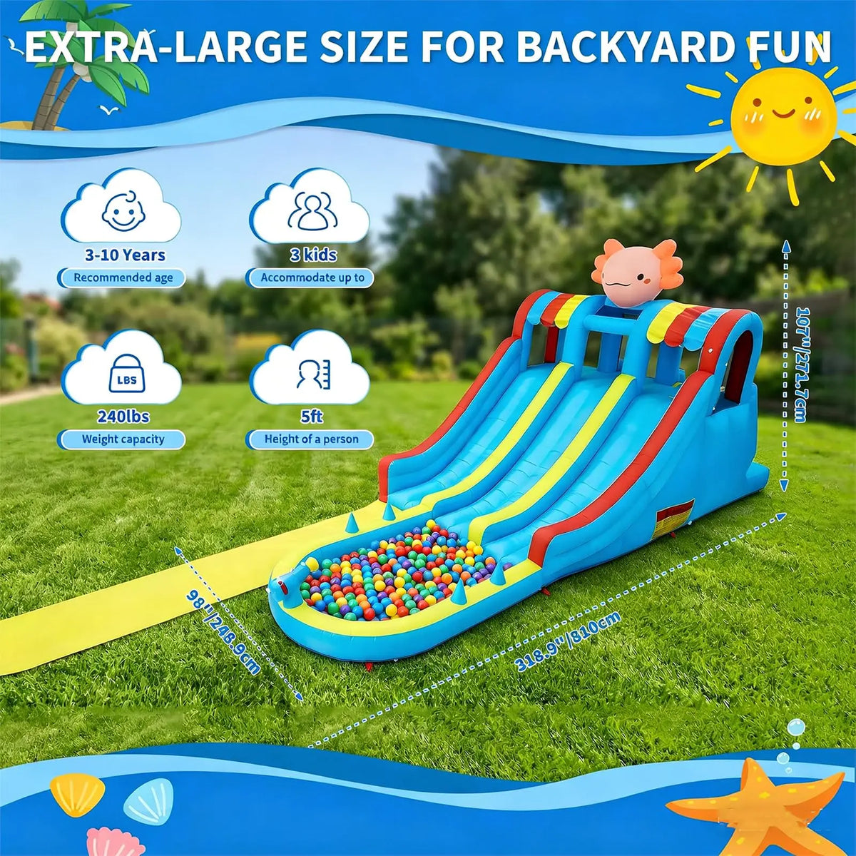 Inflatable Water Slide Bounce House for Kids 3-10, 8 in 1 Dual Slides Water Park Bouncy Castle with Blower, Jump House for Indoor Outdoor Backyard Birthday Holiday Party, Adorable Axolotl Theme