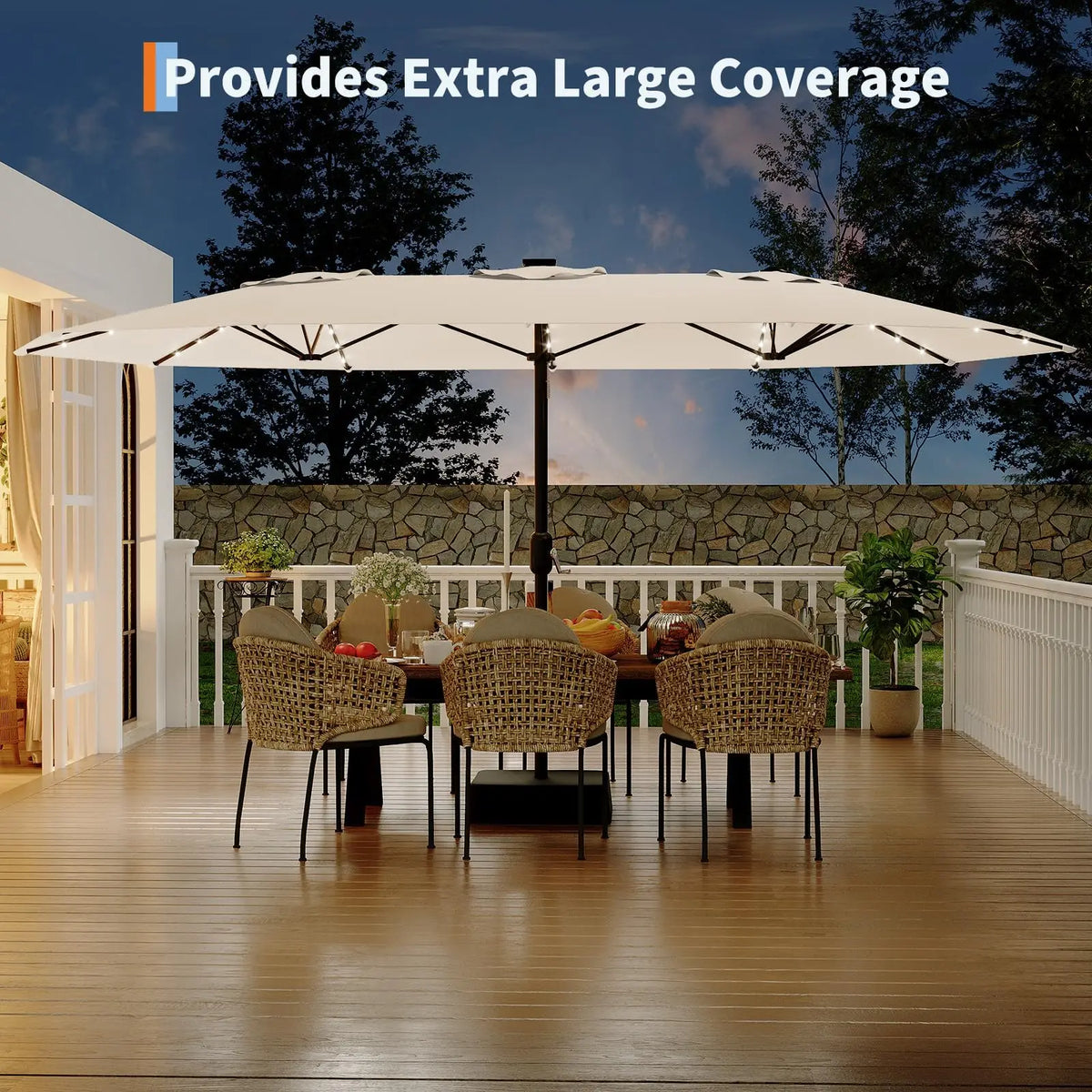 15ft Large Patio Umbrellas With Base Included, Outdoor Double-Sided Rectangle Market Umbrella With Stand, Solar Powered LED Outside Umbrellas for Poolside Lawn Backyard