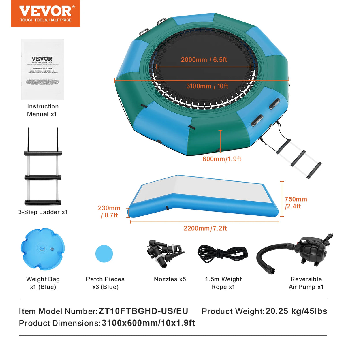 VEVOR 10ft Inflatable Water Bouncer Recreational Water Trampoline Portable Bounce Swim Platform with Slide 3-Step Ladder