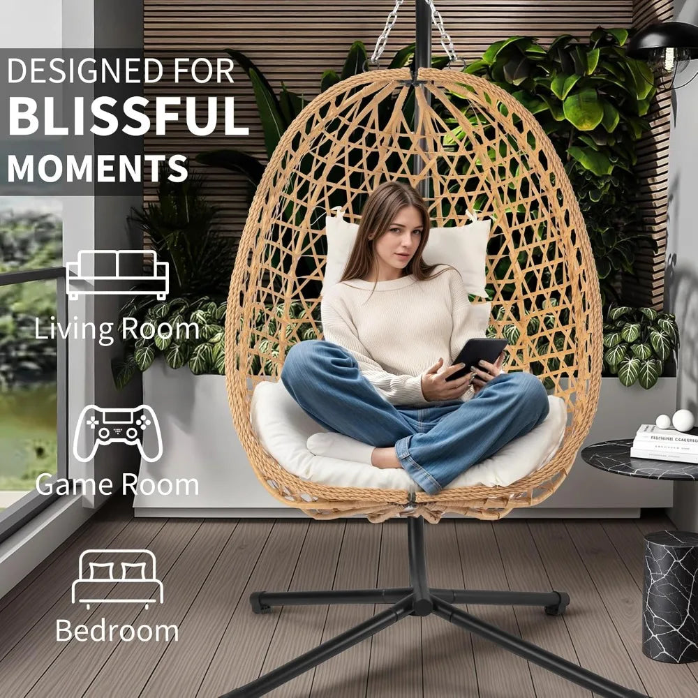 Egg Chair with Stand, Patio Wicker Hanging Chair, Hammock Swing, 350LBS for Bedroom, Balcony, Garden
