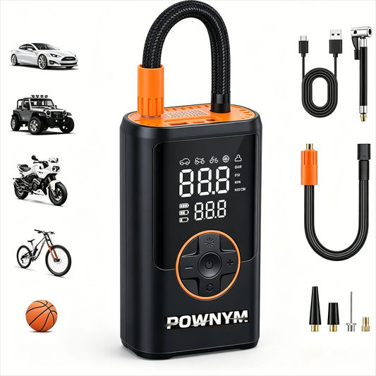 POWNYM Wireless Tire Inflator Air Compressor, Portable 2-in-1 Jump Starter with Digital Pressure Gauge, LED Light & Multi Nozzles for Car Motorcycle Bike Sports Balls