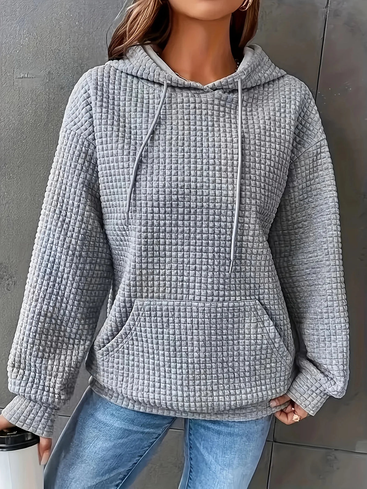 Women Short Length Waffle Knit Hoodie Solid Black Drawstring Pullover Sweatshirt Front Kangaroo Pocket Long Sleeve Casual Tops