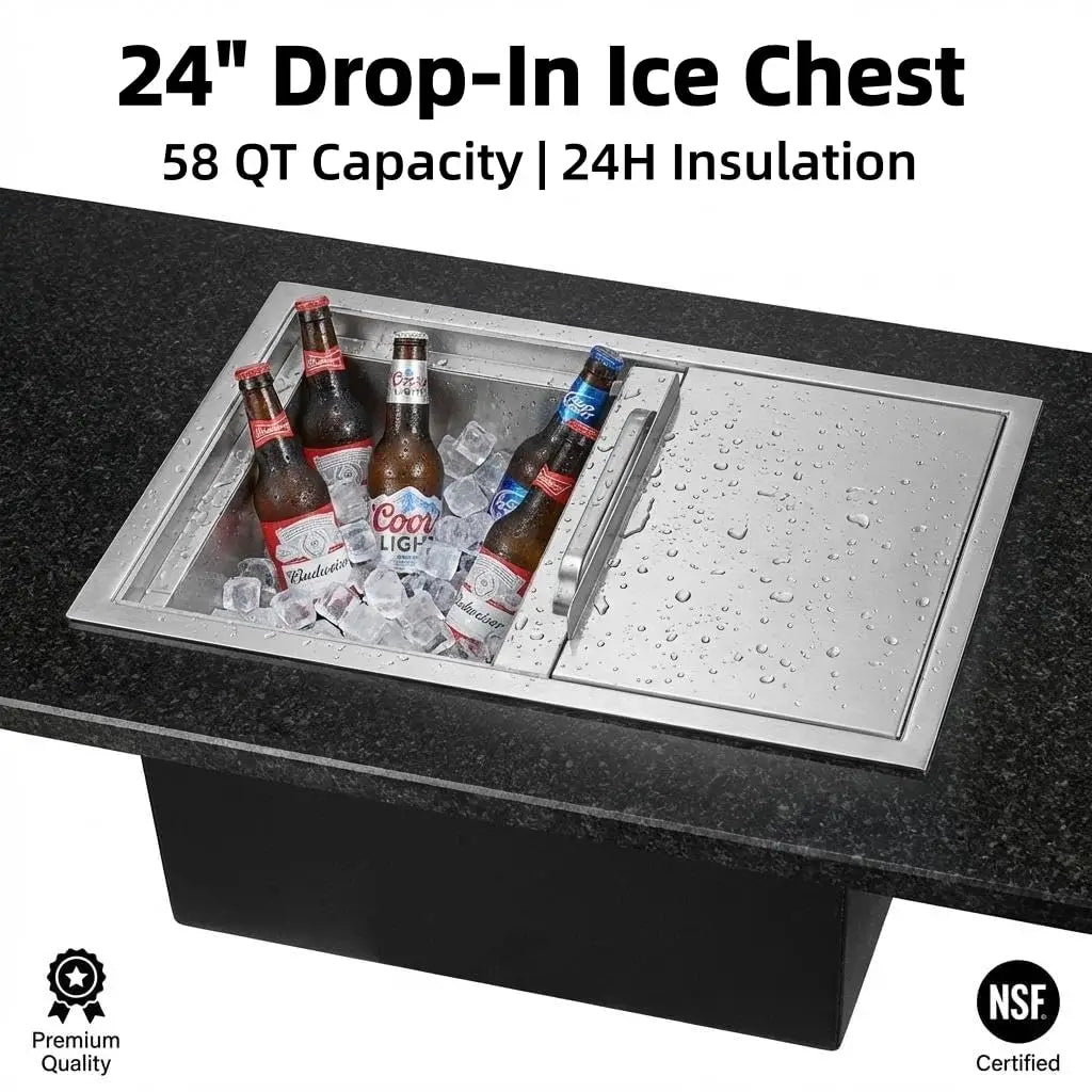Drop-in Ice Chest, Large Capacity Stainless Ice Bin with Lid & Drain-Pipe Set, Commercial Grade Insulated Ice Bucket for Cold Wine Beer, Non-Electric 24H Cold Retention for Outdoor Kitchen&Bar