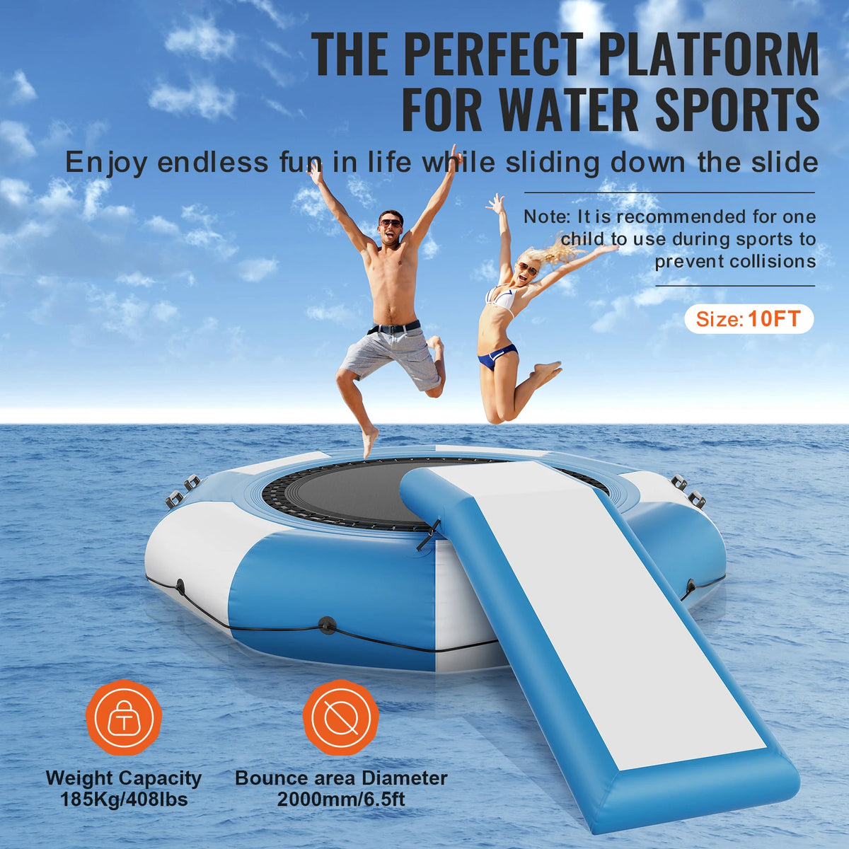 VEVOR 10ft Inflatable Water Bouncer Recreational Water Trampoline Portable Bounce Swim Platform with Slide 3-Step Ladder