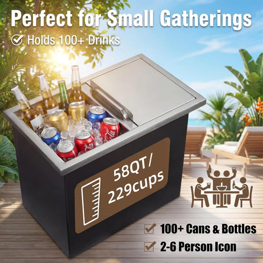 Drop-in Ice Chest, Large Capacity Stainless Ice Bin with Lid & Drain-Pipe Set, Commercial Grade Insulated Ice Bucket for Cold Wine Beer, Non-Electric 24H Cold Retention for Outdoor Kitchen&Bar
