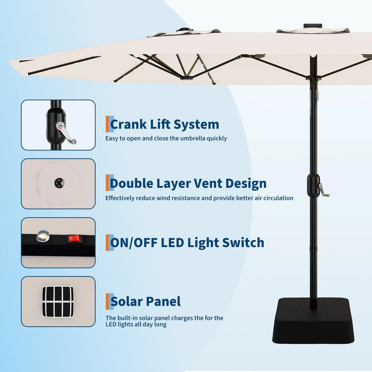 15ft Large Patio Umbrellas With Base Included, Outdoor Double-Sided Rectangle Market Umbrella With Stand, Solar Powered LED Outside Umbrellas for Poolside Lawn Backyard