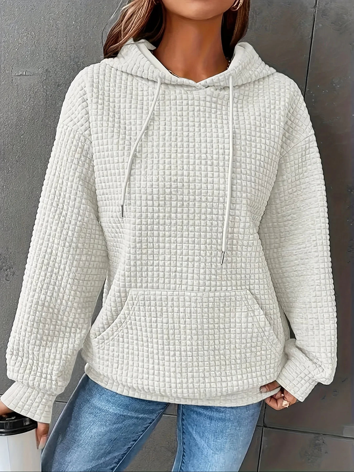 Women Short Length Waffle Knit Hoodie Solid Black Drawstring Pullover Sweatshirt Front Kangaroo Pocket Long Sleeve Casual Tops