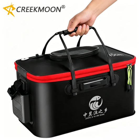 New 30-50cm Fishing Bucket EVA Foldable Carrying Handle Collapsible Live Fish Box with Side Pocket and Zipper for Travel Camping