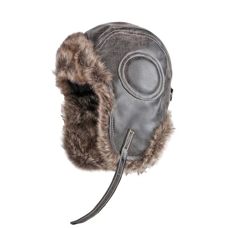 Winter Ushanka Hat Men Women's Pilot Aviator Trapper Hat Faux Fur Leather Snow Cap with Ear Flaps Pilot Winter Trapper Hat