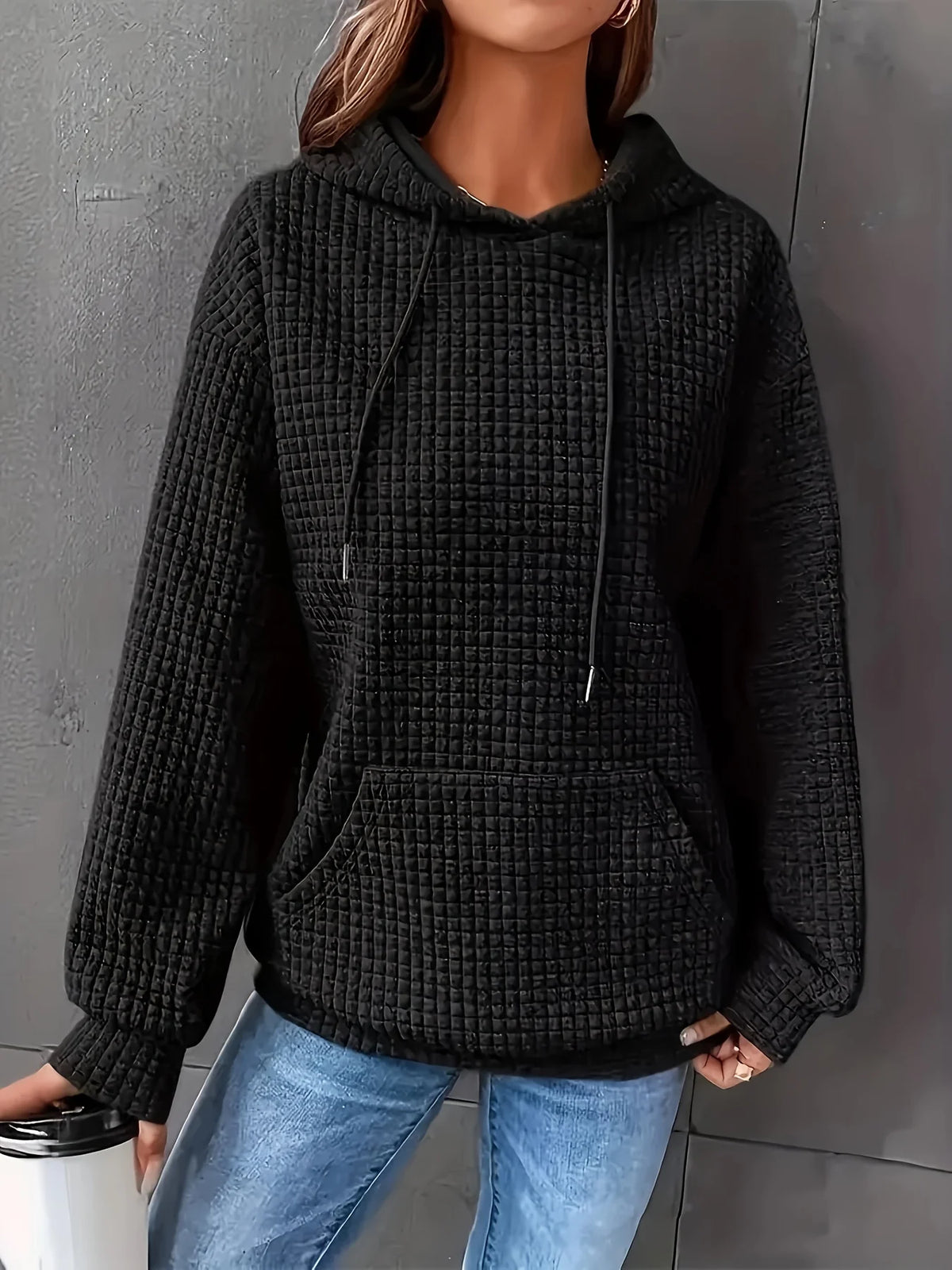 Women Short Length Waffle Knit Hoodie Solid Black Drawstring Pullover Sweatshirt Front Kangaroo Pocket Long Sleeve Casual Tops