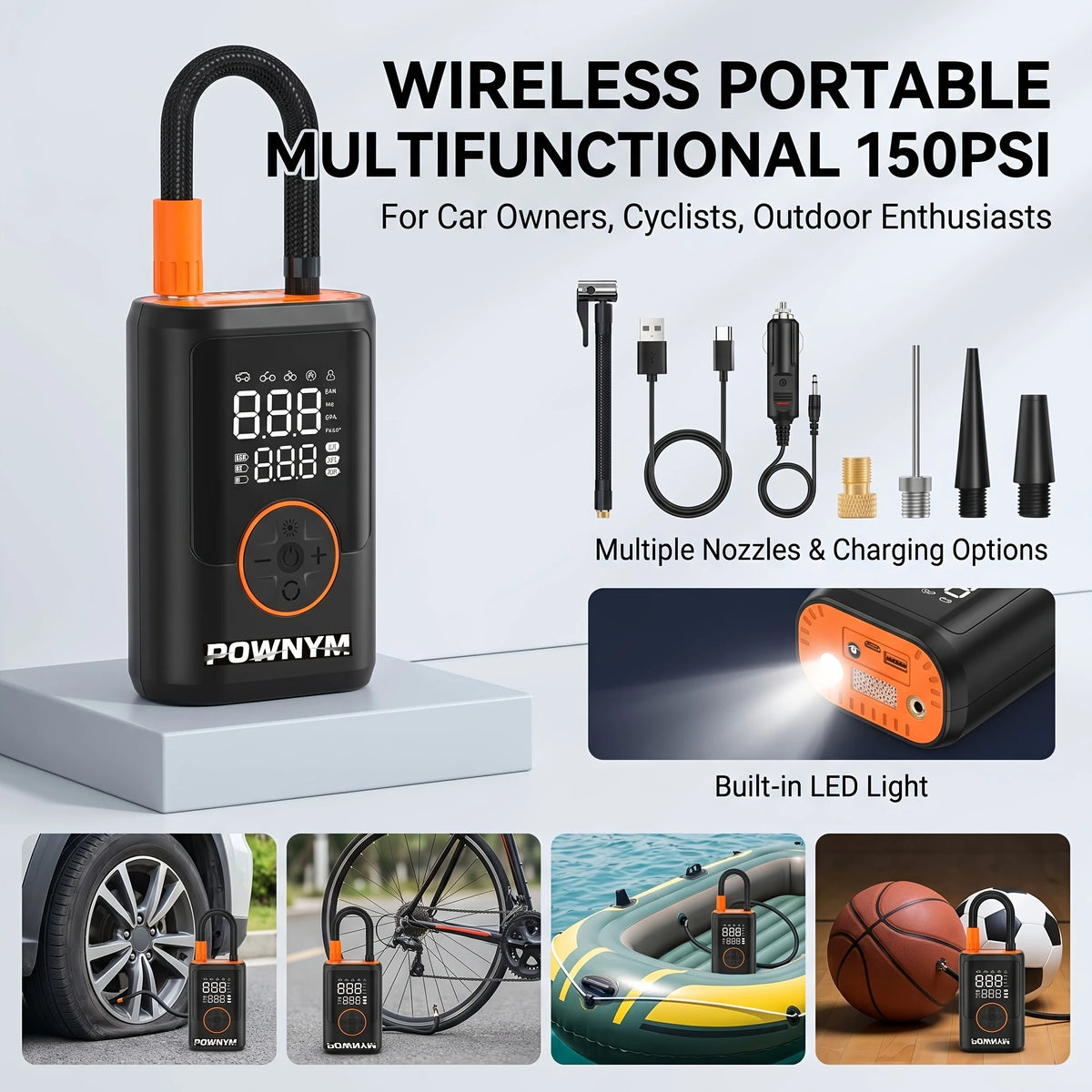POWNYM Wireless Tire Inflator Air Compressor, Portable 2-in-1 Jump Starter with Digital Pressure Gauge, LED Light & Multi Nozzles for Car Motorcycle Bike Sports Balls