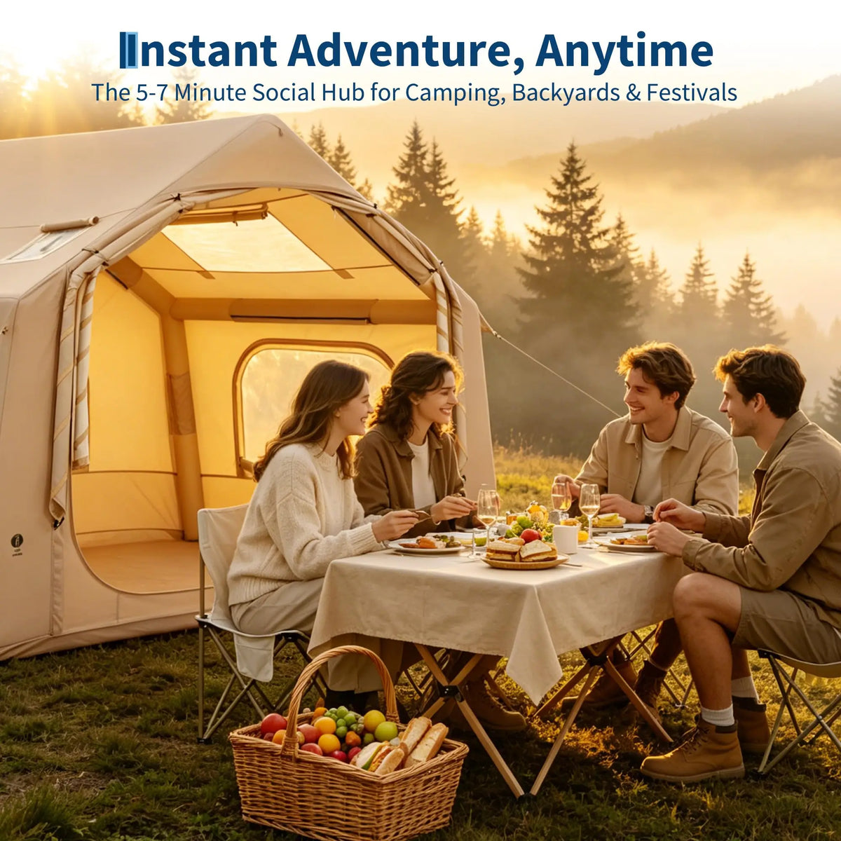 Inflatable Tent for Camping, Waterproof Air Glamping Tent with Skylight, Blow Up Tent with Stove Jack, Family Camping, Glamping & 4-Season Outdoor Use, 2-6 Person