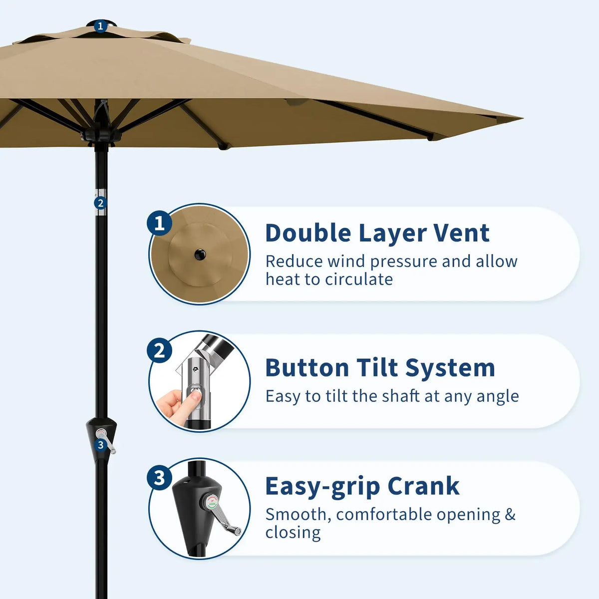 10FT Patio Umbrella - Outdoor Table Umbrella with Smooth Crank Lift, Push Button Tilt and 8 Sturdy Ribs - Market Umbrella UV Protection Waterproof for Pool, Deck, Yard, Garden (khaki)