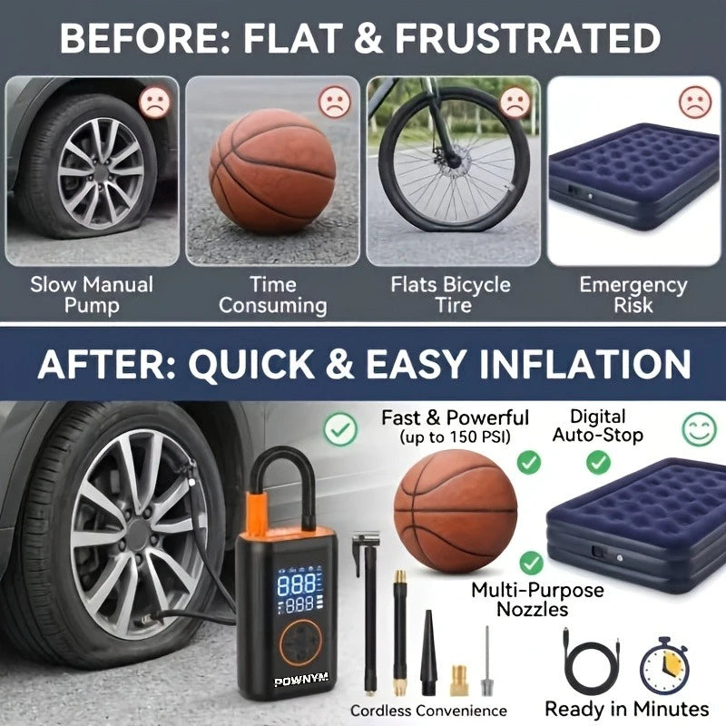 POWNYM Wireless Tire Inflator Air Compressor, Portable 2-in-1 Jump Starter with Digital Pressure Gauge, LED Light & Multi Nozzles for Car Motorcycle Bike Sports Balls