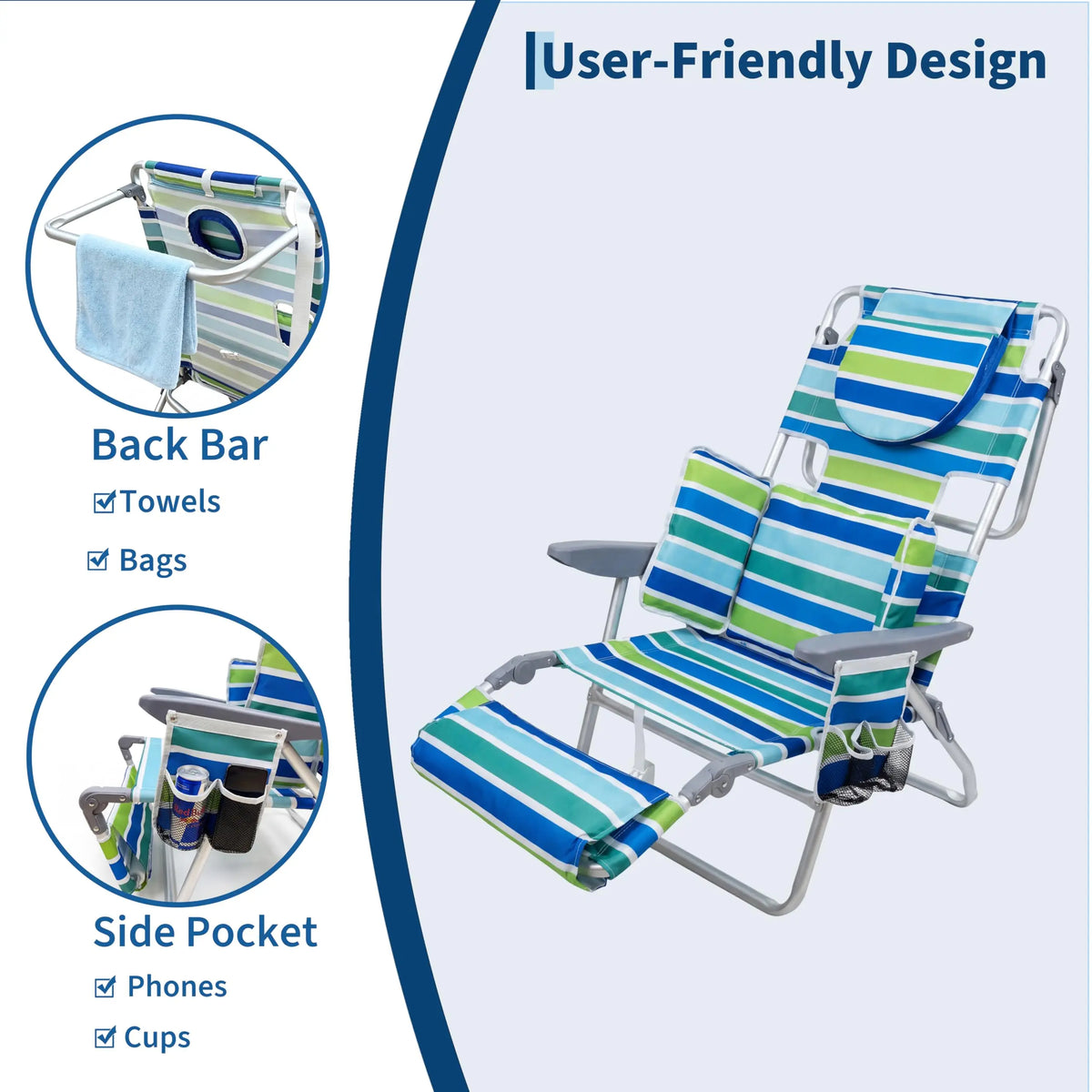 2 Pack Deluxe 3-in-1 Beach Chair with Face Hole, Folding Tanning Lounger, Outdoor Sunbathing Chair with Adjustable Footrest, Storage Pocket, 330lb Capacity for Beach Pool Patio Lawn