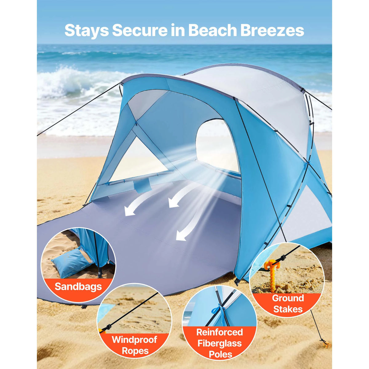 VEVOR Beach Tent Sun Shelter for 6 Person UPF 50+ Protection Portable Sun Shade Canopy with Carrying Bag for Family Camping