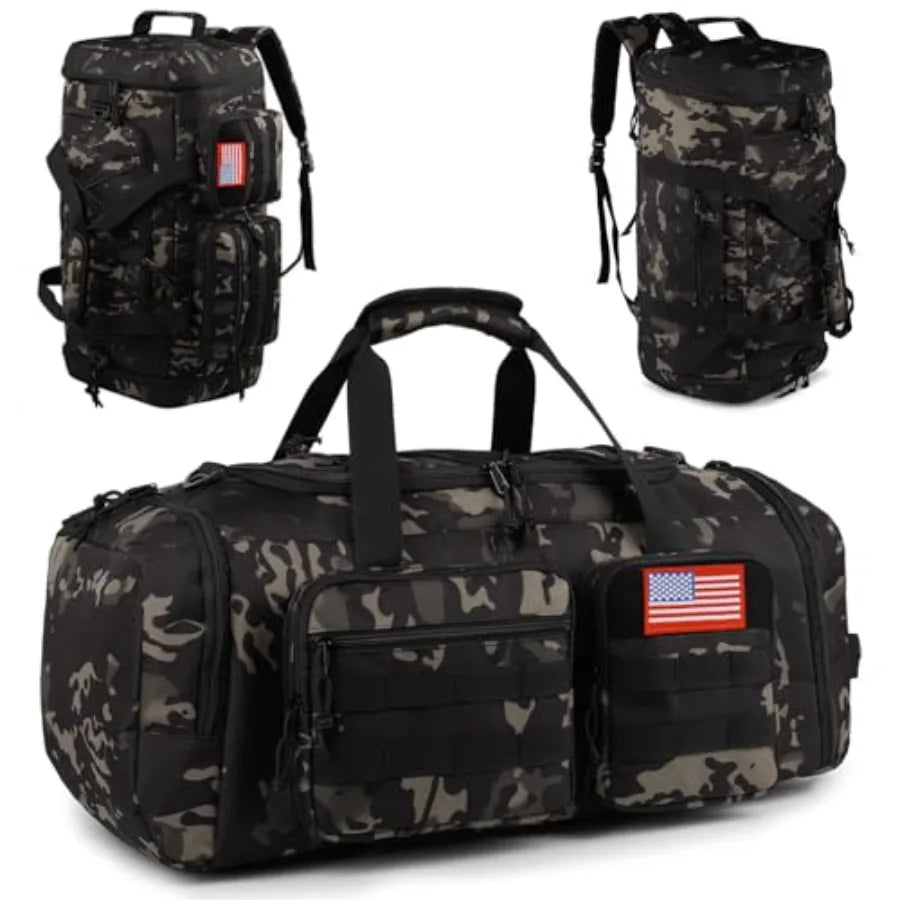 Tactical Gym Bag for Men 70L 3 in 1 Sports Duffle Bag with Shoes Compartment for Travel, Water Resistant Travel Backpack Weeken